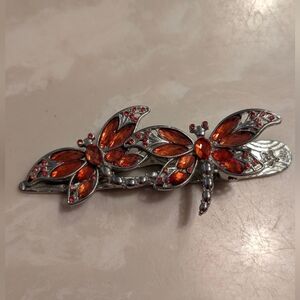 EUC Vintage Style Double Dragonfly Amber & Red Rhinestone Alligator Hair Clip